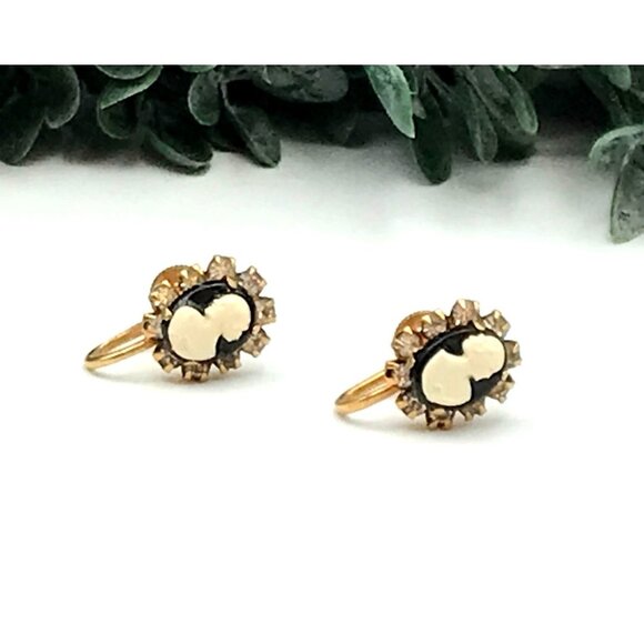 Vintage Gold-Tone Cameo Screw back Earrings With Black & Ivory Detailing - Picture 1 of 4